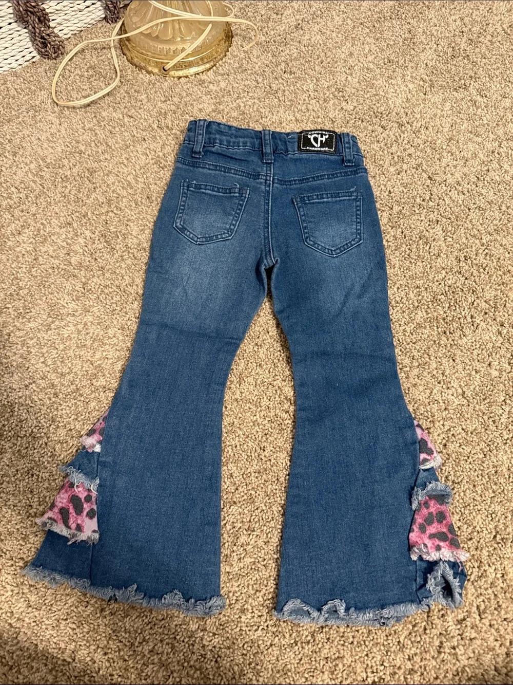 Girls' Dark Blue Denim Flare Jeans with Pink Leopard Ruffle - NWOT